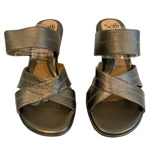 LIKE NEW - SOFT - Pewter Leather & Cork Wedge Two Strap Slip-on Sandals Size 10